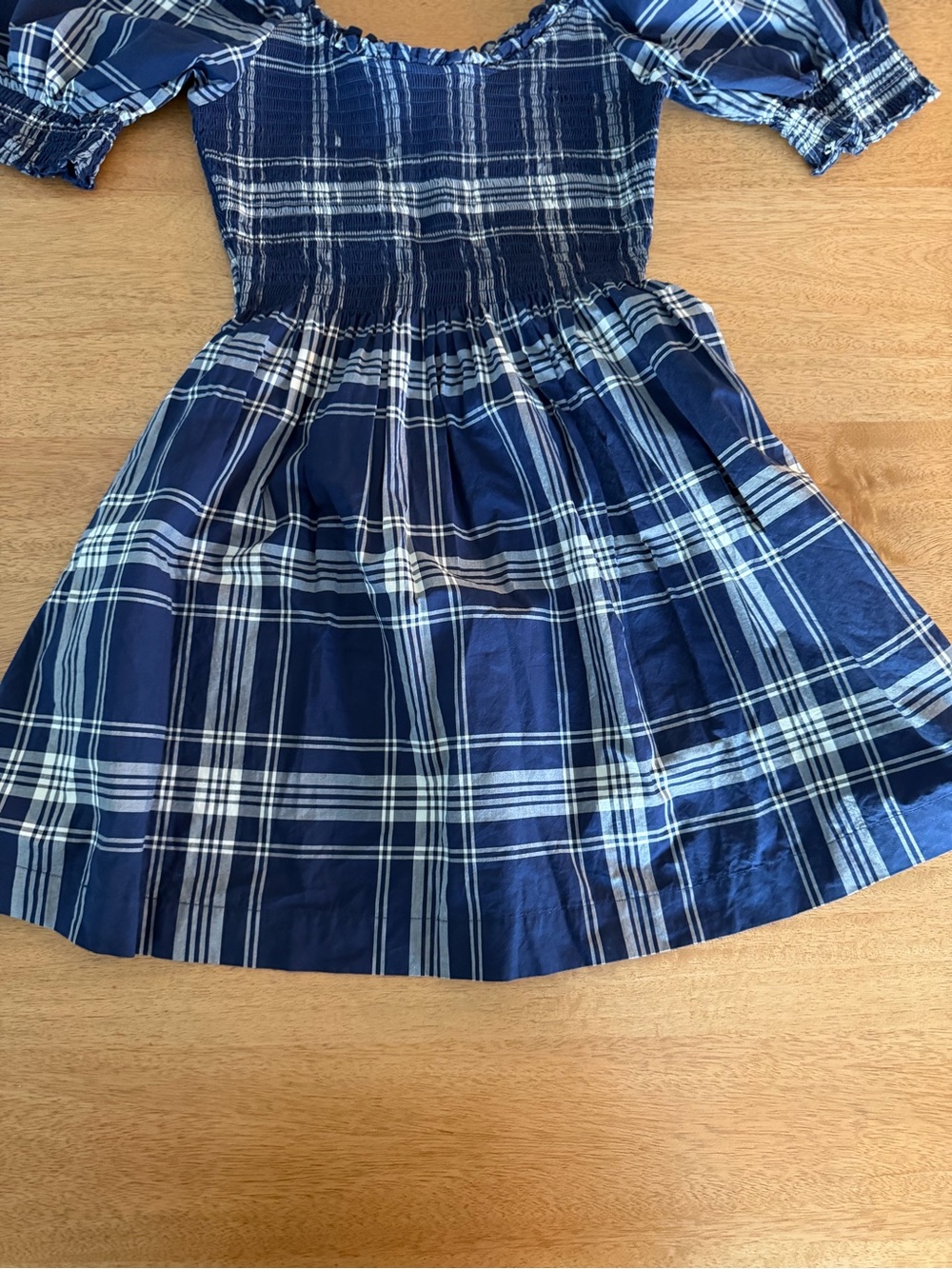Blue Plaid Smocked Puff Sleeve Nap Dress Cottagecore Picnic Dress Size S - Picture 3 of 9